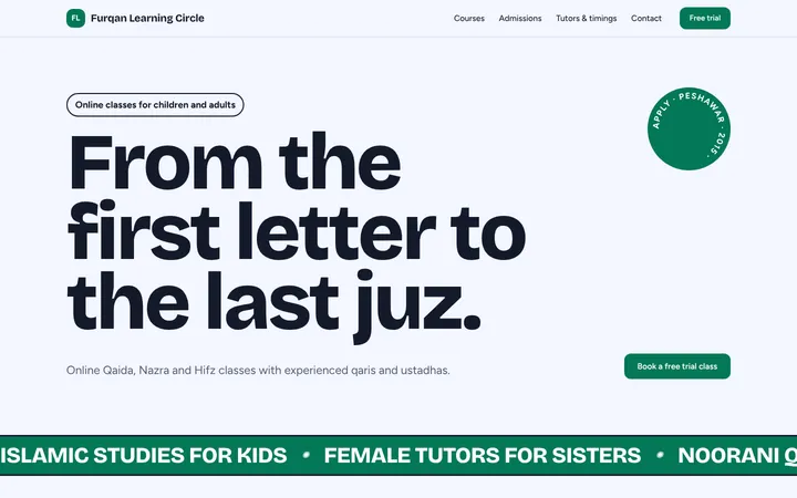 Home page of Furqan Learning Circle, a sample bold layout website