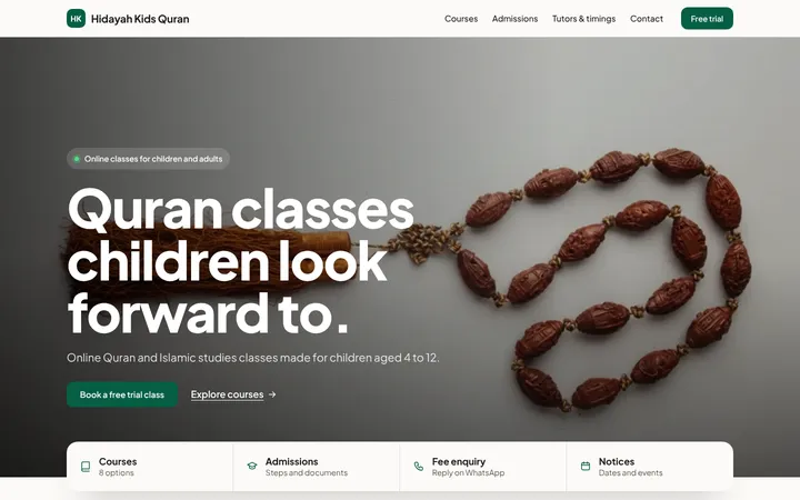 Home page of Hidayah Kids Quran, a sample campus layout website