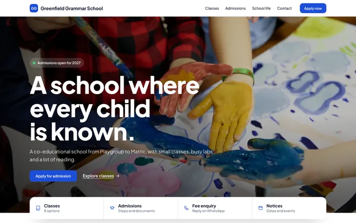 Home page of Greenfield Grammar School, a sample campus layout website