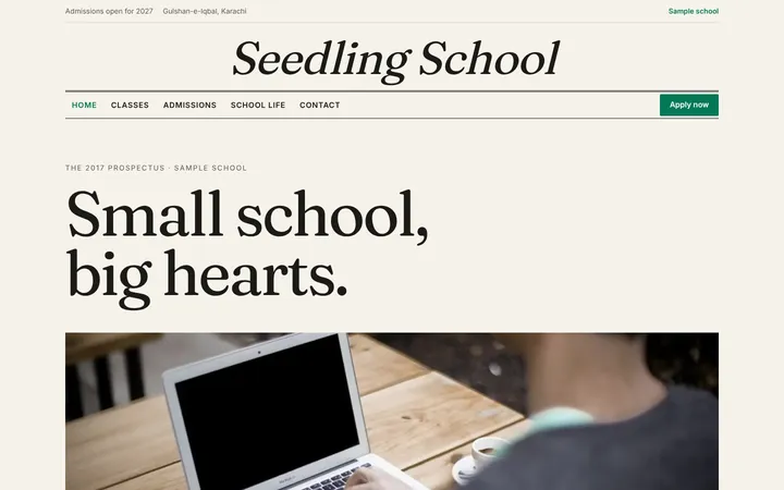 Home page of Seedling School, a sample prospectus layout website