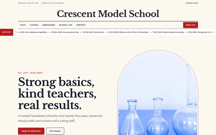 Home page of Crescent Model School, a sample crest layout website