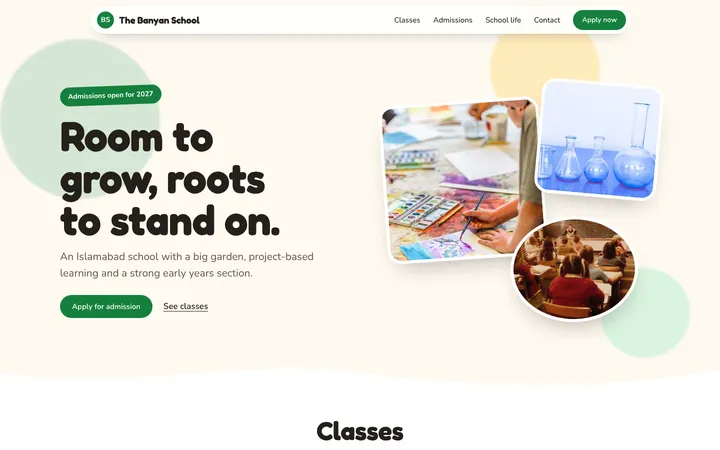 Home page of The Banyan School, a sample playground layout website