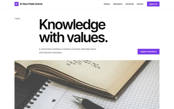 Home page of Al-Noor Public School, a sample atelier layout website