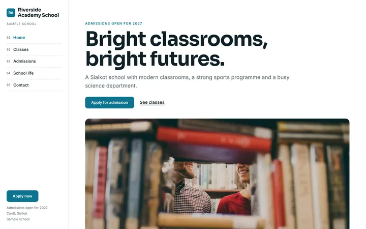 Home page of Riverside Academy School, a sample journey layout website