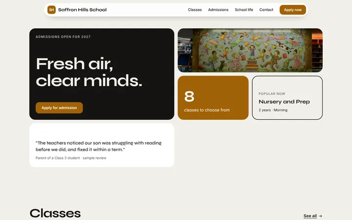 Home page of Saffron Hills School, a sample bento layout website