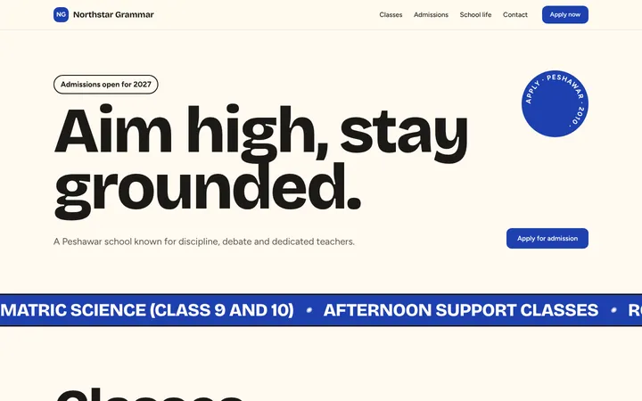 Home page of Northstar Grammar, a sample bold layout website