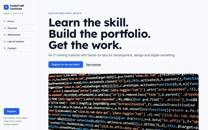 Home page of CodeCraft Institute, a sample journey layout website