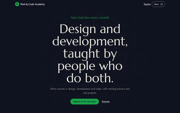 Home page of Pixel & Code Academy, a sample noor layout website