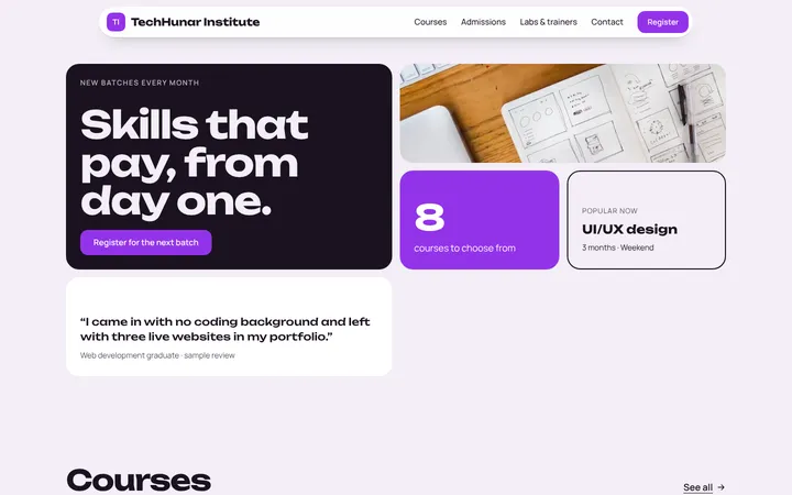 Home page of TechHunar Institute, a sample bento layout website