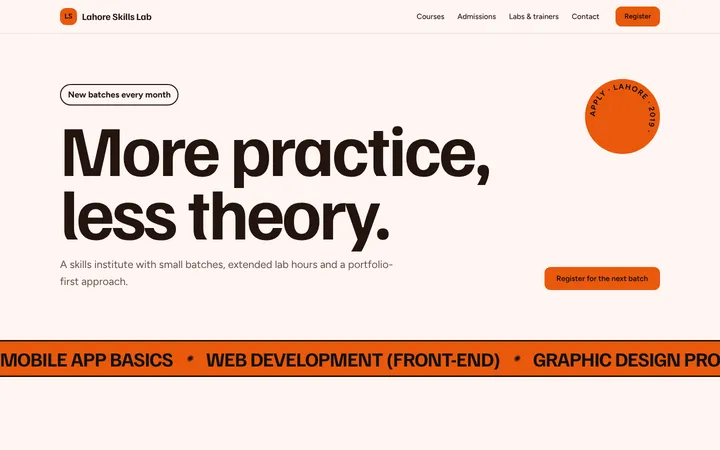 Home page of Lahore Skills Lab, a sample bold layout website