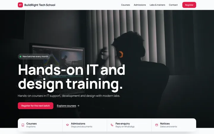 Home page of BuildRight Tech School, a sample campus layout website