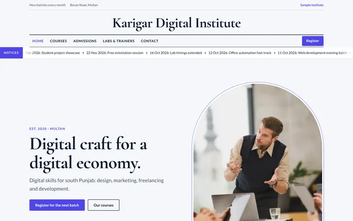 Home page of Karigar Digital Institute, a sample crest layout website