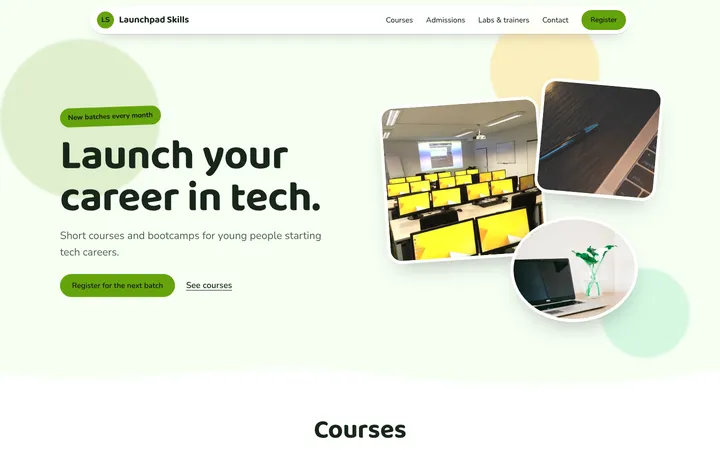 Home page of Launchpad Skills, a sample playground layout website