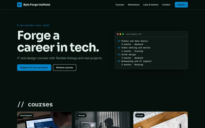 Home page of Byte Forge Institute, a sample bootcamp layout website